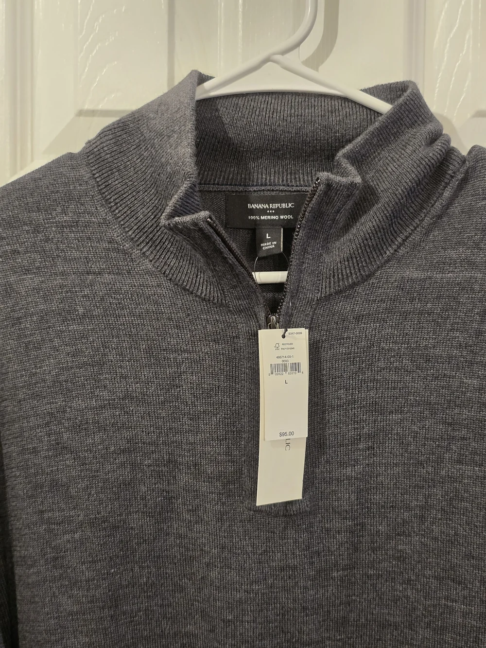 NWT Banana Republic Men's Charcoal Merino Wool Quarter-Zip Sweater - Large